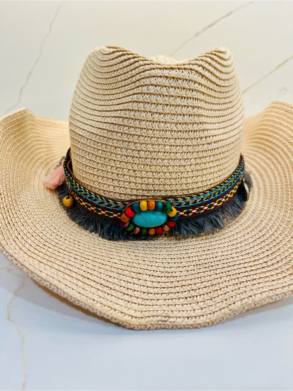 Boho Chic Straw Cowboy Hat with Turquoise Beaded Band & Fringe Detail 🤠✨